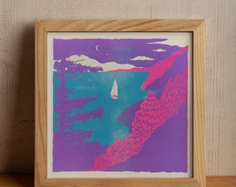 Impresión artística risográfica de velero de 8" x 8"