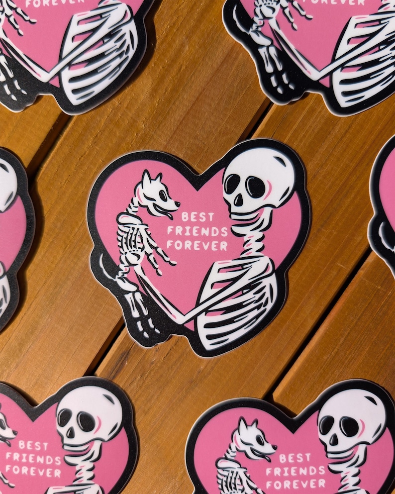 Peut inclure: Autocollants roses en forme de c&oelig;ur avec une illustration de squelette et de chien squelette. Le texte "BEST FRIENDS FOREVER" est imprim&eacute; sur les autocollants. Les autocollants sont noirs et blancs sur fond rose.