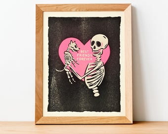 Dog Skeleton Best Friends Risograph Art Print, Fluorescent Pink, 8x10