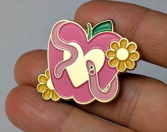 Pink Apple & Worm Gold Metal Enamel Pin