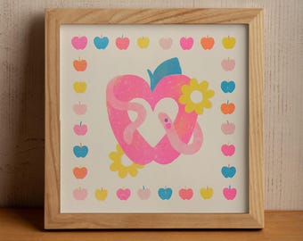 Apple & Worm Square Risograph Art Print
