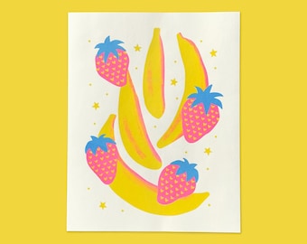 13x17cm Erdbeere Bananen Risograph Kunstdruck