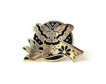 Hand and Moth Shiny Gold Metal Soft Enamel Pin