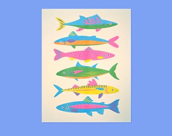 Impresión artística Risograph de peces coloridos de 5x7 pulgadas