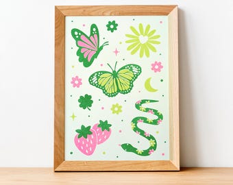 Butterflies In The Garden Risograph Art Print, 8x10" Size