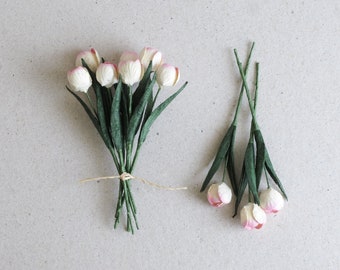 Mini Cream and Pink Paper Tulips - Miniature - Set of 10 - Made of mulberry paper with wire stems [526]