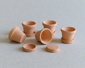 5 Tiny Terracotta Planters with Saucers - Ceramic containers without glaze - 18mm (11 16 inch) tall approx