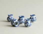 5 Blue White Miniature Vases - White ceramic containers with hand painted blue floral design - 23mm (7 8 inch) tall