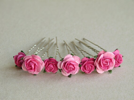 Hot Pink Flower Hair Pins Set Of 7 Made Of Mulberry Paper Etsy