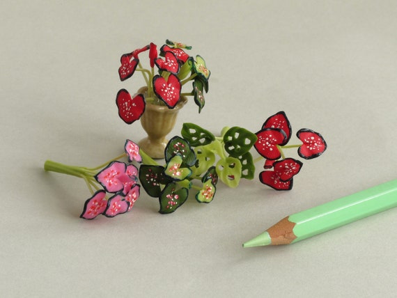 2 Miniature SMALL Green Leaves on RED Stems DOLLHOUSE Miniatures 1:12 Scale