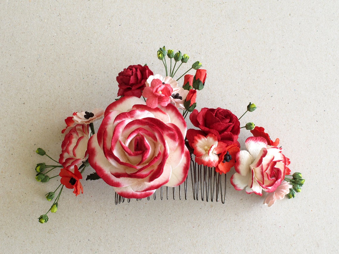Red Decorative Hair Comb Made of Mulberry Paper Flowers Etsy