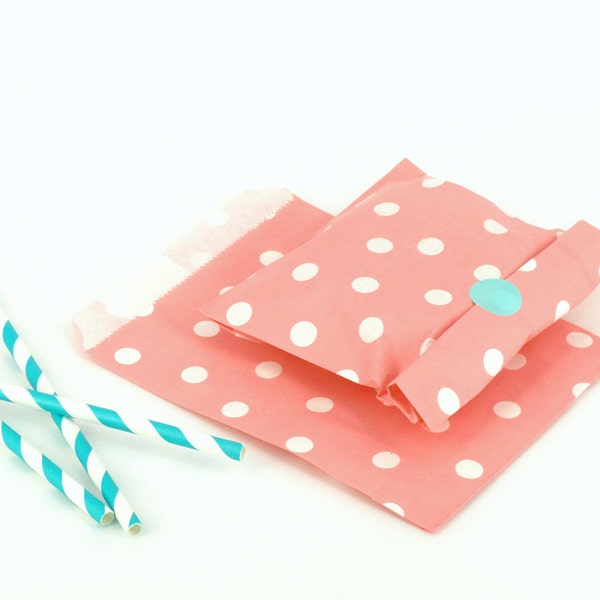 20 Salmon Pink Polka Dot Party Bags - Flat Paper Favour Bags for baby shower and themed party