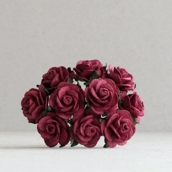 20mm Burgundy Paper Roses - 10 red mulberry paper flowers with wire stems [104]