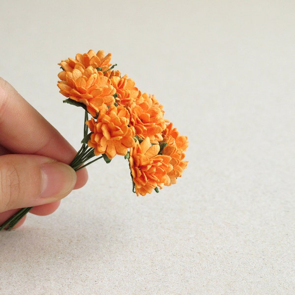 15mm Orange Paper Dahlia - 10 mulberry paper flowers with wire stems [133]