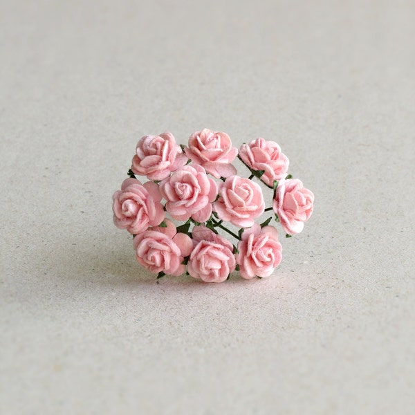 10mm Tiny Pink Paper Roses - 10 mulberry paper flowers with wire stems [122]