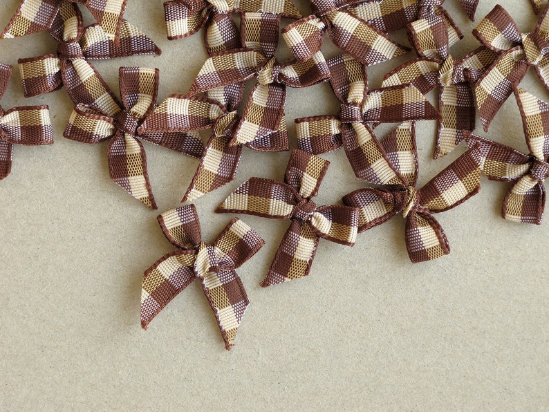 20 Brown Gingham Bows Mini Fabric Ribbon Bows 25mm Etsy