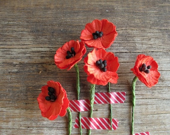 Paper Poppies - Red miniature flowers - Made of mulberry paper with wire stems - Set of 10 [101]