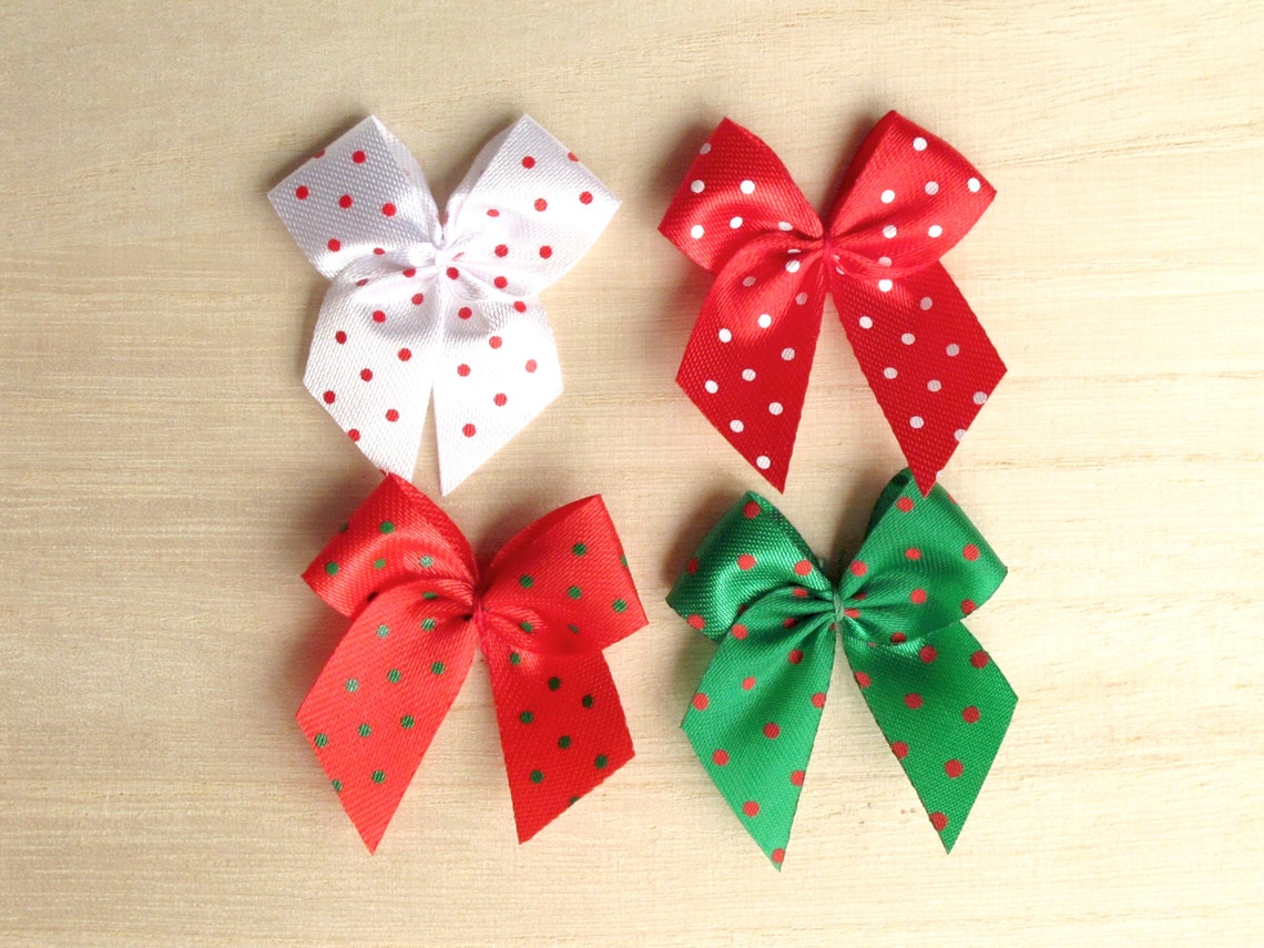 20 Christmas Ribbon Bows Green with Red Polka Dots 30mm Etsy