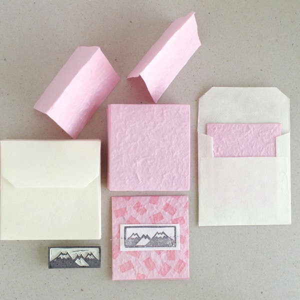 Mini Pink Cards with Envelopes - BLANK - made of mulberry paper - rough texture (set of 20) - Rubber stamp not included