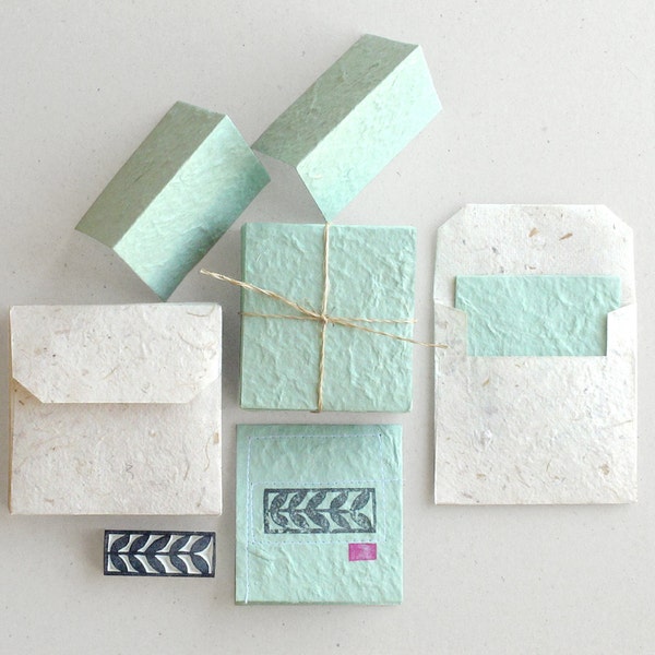 Mini Mint Green Cards with Envelopes - BLANK - made of mulberry paper - rough texture (set of 20) - Rubber stamp not included