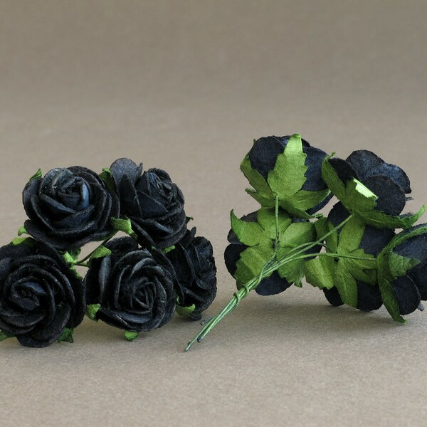 25mm Black Roses - 10 mulberry paper flowers with wire stems - Ideal for goth wedding [274]