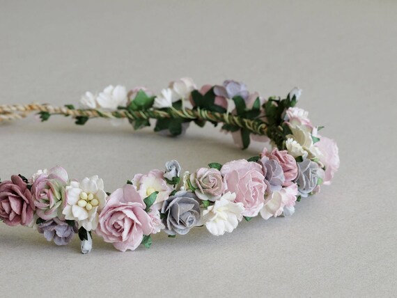 lilac grey flower crown paper flower headpiece made of mulberry paper and natural twine paper flower crowns