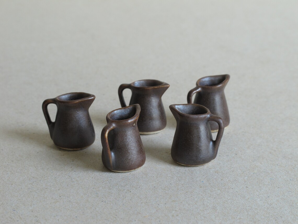 5 Miniature Jugs / Pitchers Dark brown ceramic jugs Matte Etsy