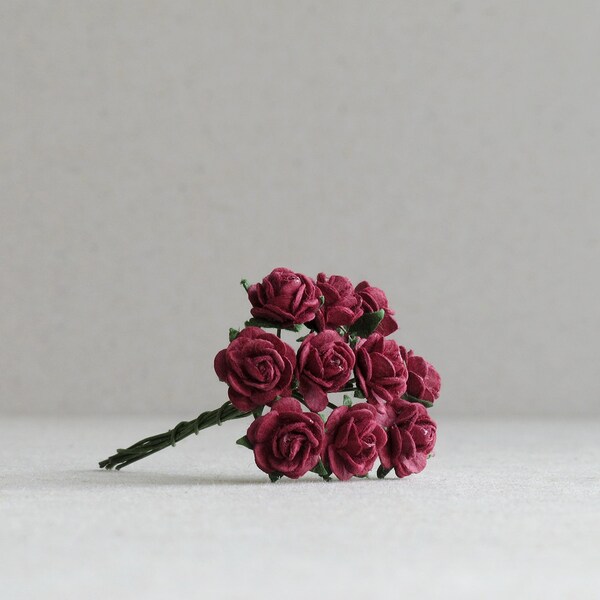 10mm Tiny Burgundy Red Roses - 10 mulberry paper flowers with wire stems [104]