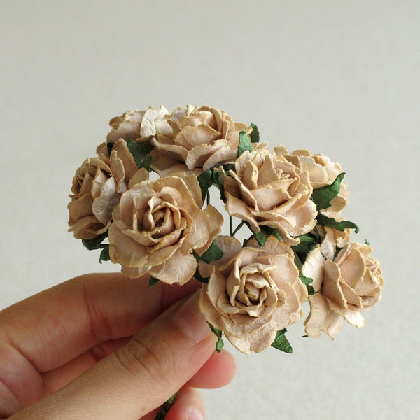 25mm Brown Paper Peonies - 10 pieces of mulberry paper flowers with wire stems [148-e]