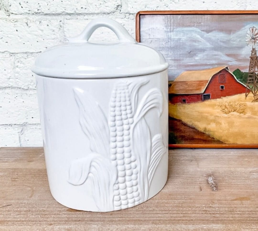 Vintage White Ceramic Embossed Kitchen Canister by Over and Back, Inc
