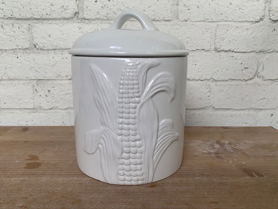 Vintage White Ceramic Embossed Kitchen Canister by Over and Back, Inc