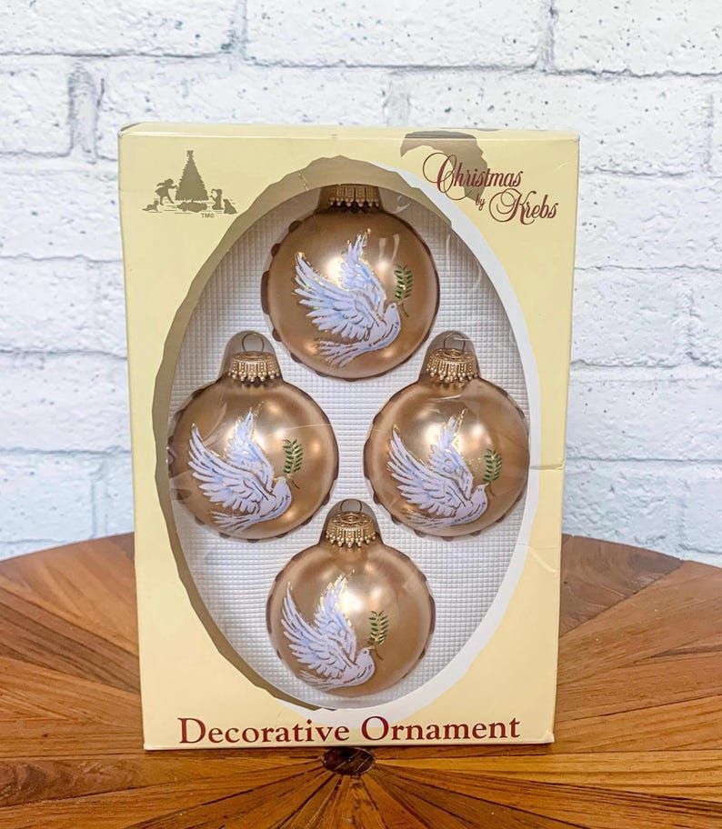 Vintage Christmas Tree Ball Ornaments, Gold With White Doves