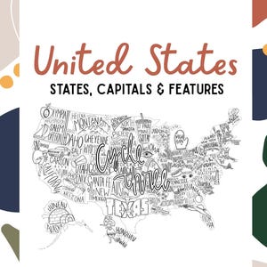 Op de afbeelding: Een wit educatief poster getiteld United States States, Capitals & Features met een zwart-witte lijntekening van de VS. De kaart bevat staatsnamen, hoofdsteden en kleine illustraties. De tekst Cycle three staat in het midden, met Cycle 3 - Geography - 24 weeks onderaan.