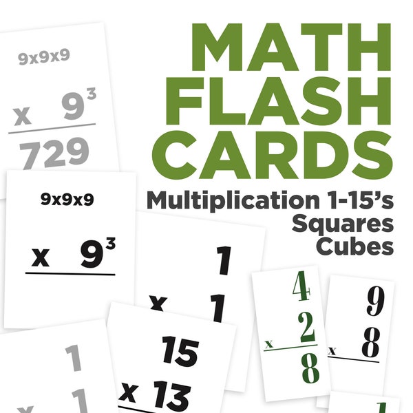 Multiplication Flash Cards 1-15 PLUS squares and cubes