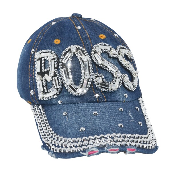 Rhinestone Boss Hat for Women, Distressed Bling Denim Baseball Hat, Gift for Her, Boss Gift, Best Friends Gift, Boss Lady Ballcap with Bling