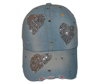 Heart Baseball Cap, Bling Caps for Women and Teenage Girls, Rhinestones Distressed Denim Trucker Hat, Bedazzled Love Cap, Best Friend Gift