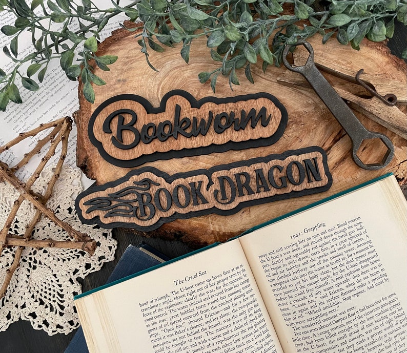 Library Wooden Sign Bookworm Book Dragon image 1