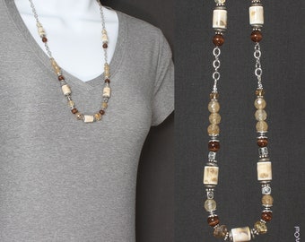 Desert Taupe and Brown Cat's Eye Bead and Silver Chain Necklace