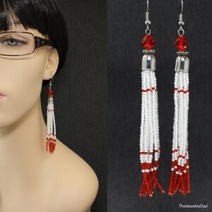 Long Seed Bead Earrings, Red and White Tassel Earrings - The Jewelry Owl