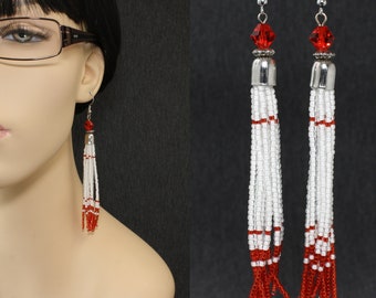 Long Red and White Fringe Beaded Tassel Earrings