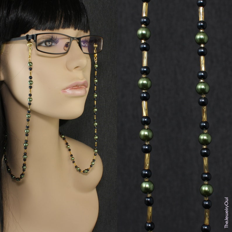 Jewelry Chain For Glasses Jade Green And Black, Gold Glasses Chain Glasses Holder Strap Bead Eyeglass Chain by thejewerlyowl