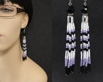 Purple and Black Fringe Beaded Tassel Earrings