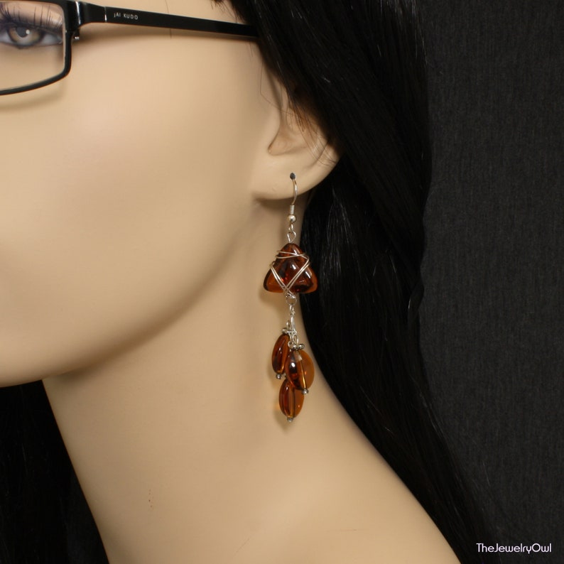 Wire Wrapped Long Brown Resin Earrings image 2