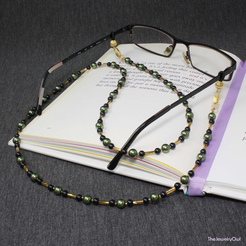 Jade Green and Black Beaded Eyeglass Chain image 2