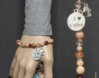 I Love Coffee Brown Ladies Beaded Bracelet