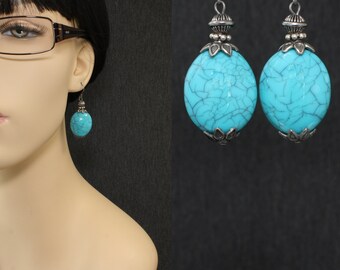 Simulated Blue Turquoise Oval Dangle Earrings