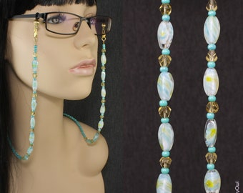 Teal Blue and Yellow Swirl Beaded Eyeglass Chain