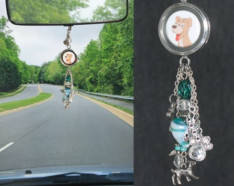 Custom Teal Heart Dog Photo Rear View Mirror Charm