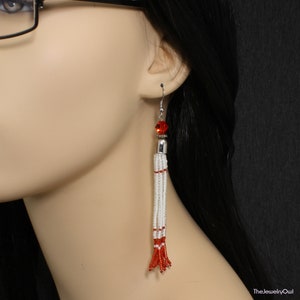 Long Red and White Fringe Beaded Tassel Earrings image 2