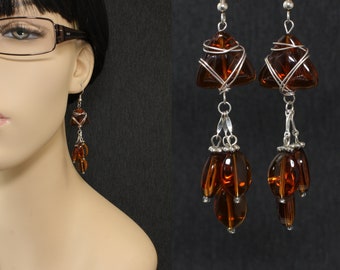 Wire Wrapped Long Brown Resin Earrings